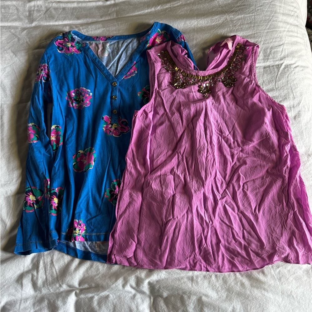 Set of Lilly Pulitzer Floral Blue Long Sleeve and Pink Sleeveless Top